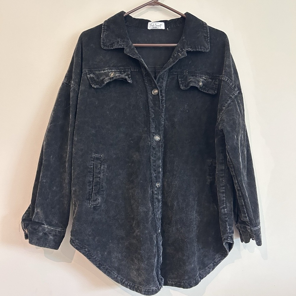 Black Corduroy Tunic Sz M Pockets Fringe Long Sleeve Dark Button Up Grunge